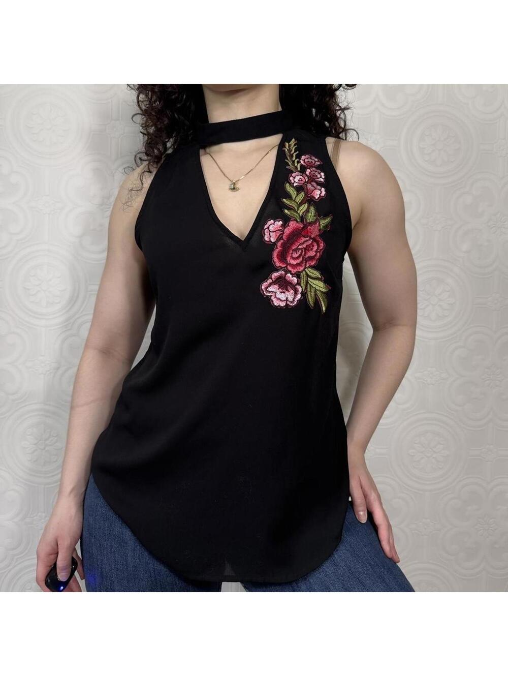 Candie’s Black & Pink Floral Embroidered Choker Tank Top Small